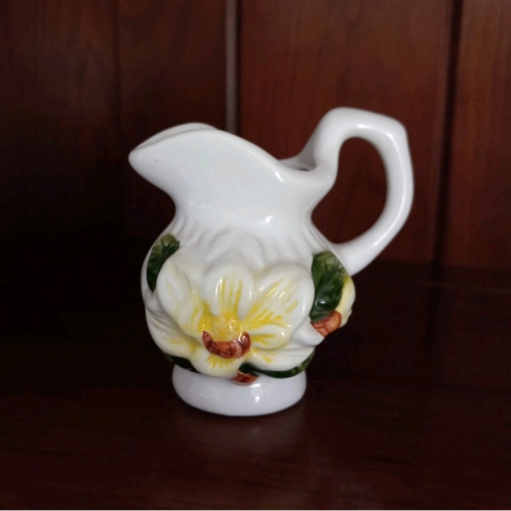 3" Mini White Yellow Floral Magnolia Ceramic Pitcher